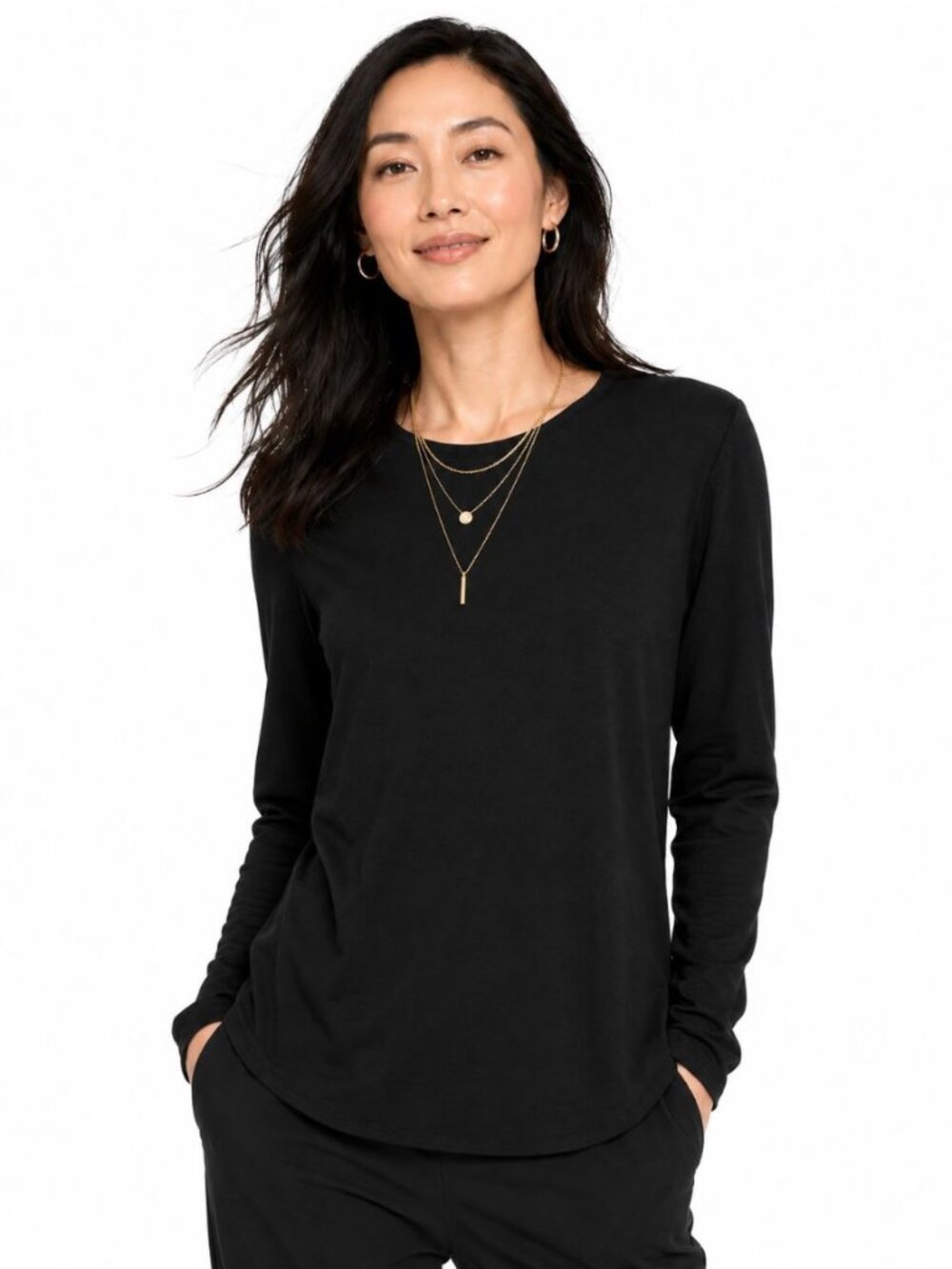 Eileen Fisher System Long Sleeve Black Jersey Knit Top Viscose Minimalist Size L